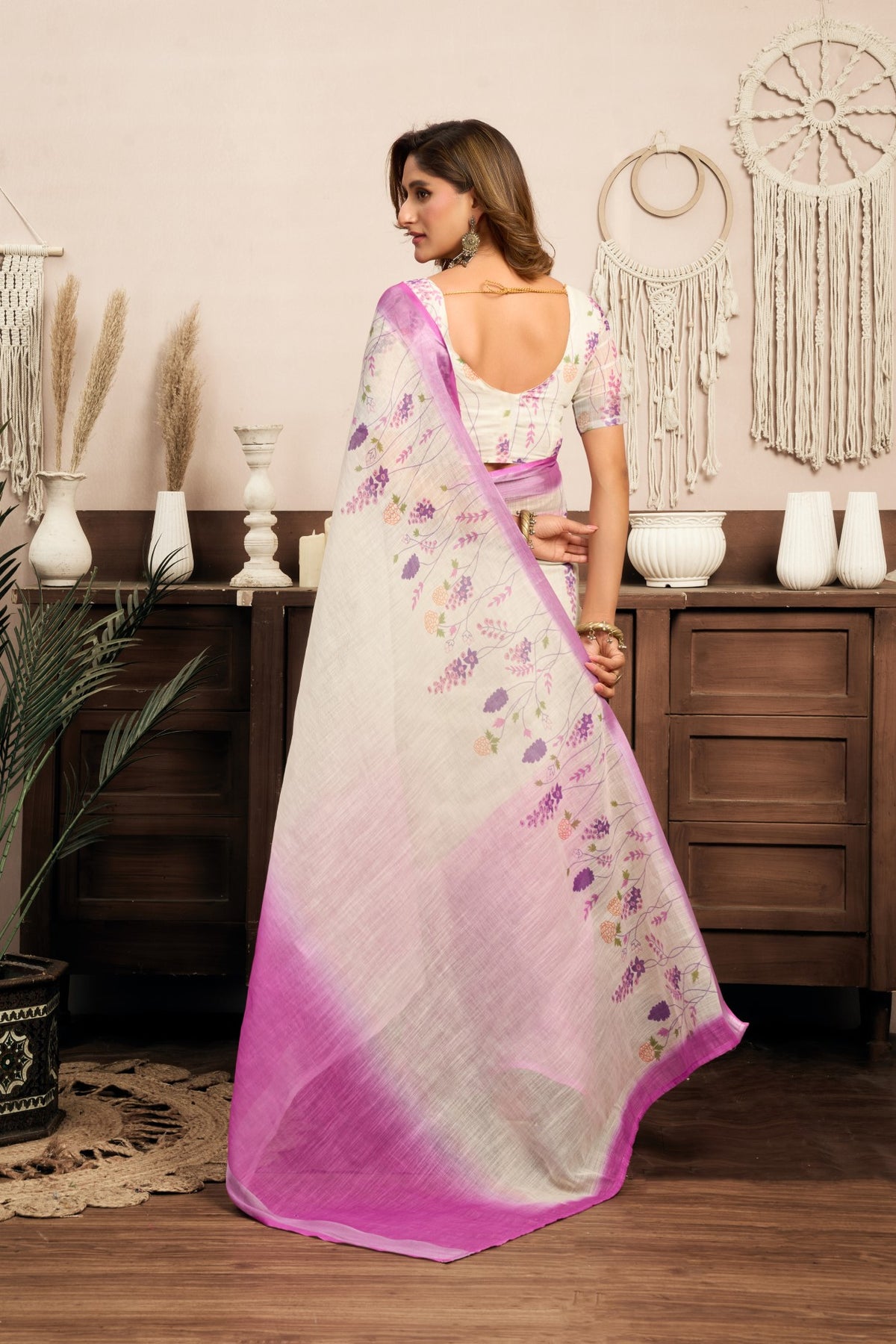 Multi Color Linen Ready To Wear Saree With Zari Border Printed