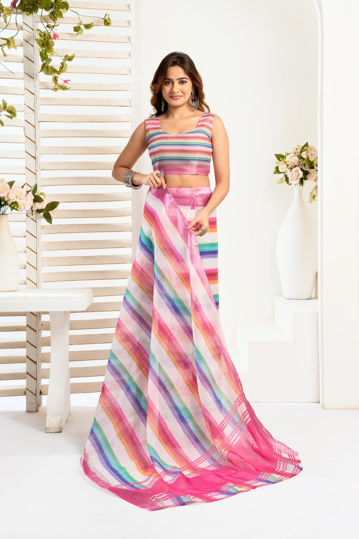 Multi Color Linen Ready To Wear Saree With Zari Border Printed