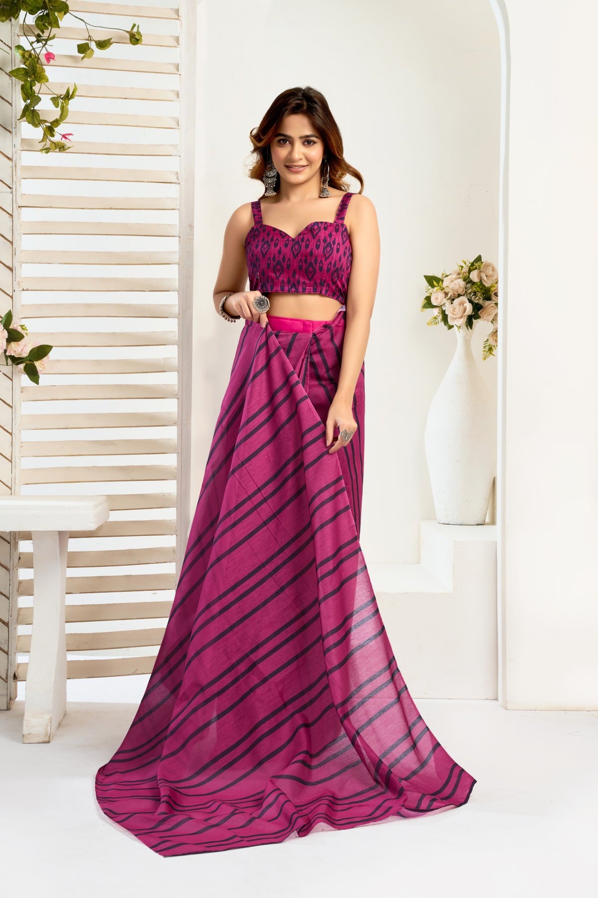 Multi Color Linen Ready To Wear Saree With Zari Border Printed