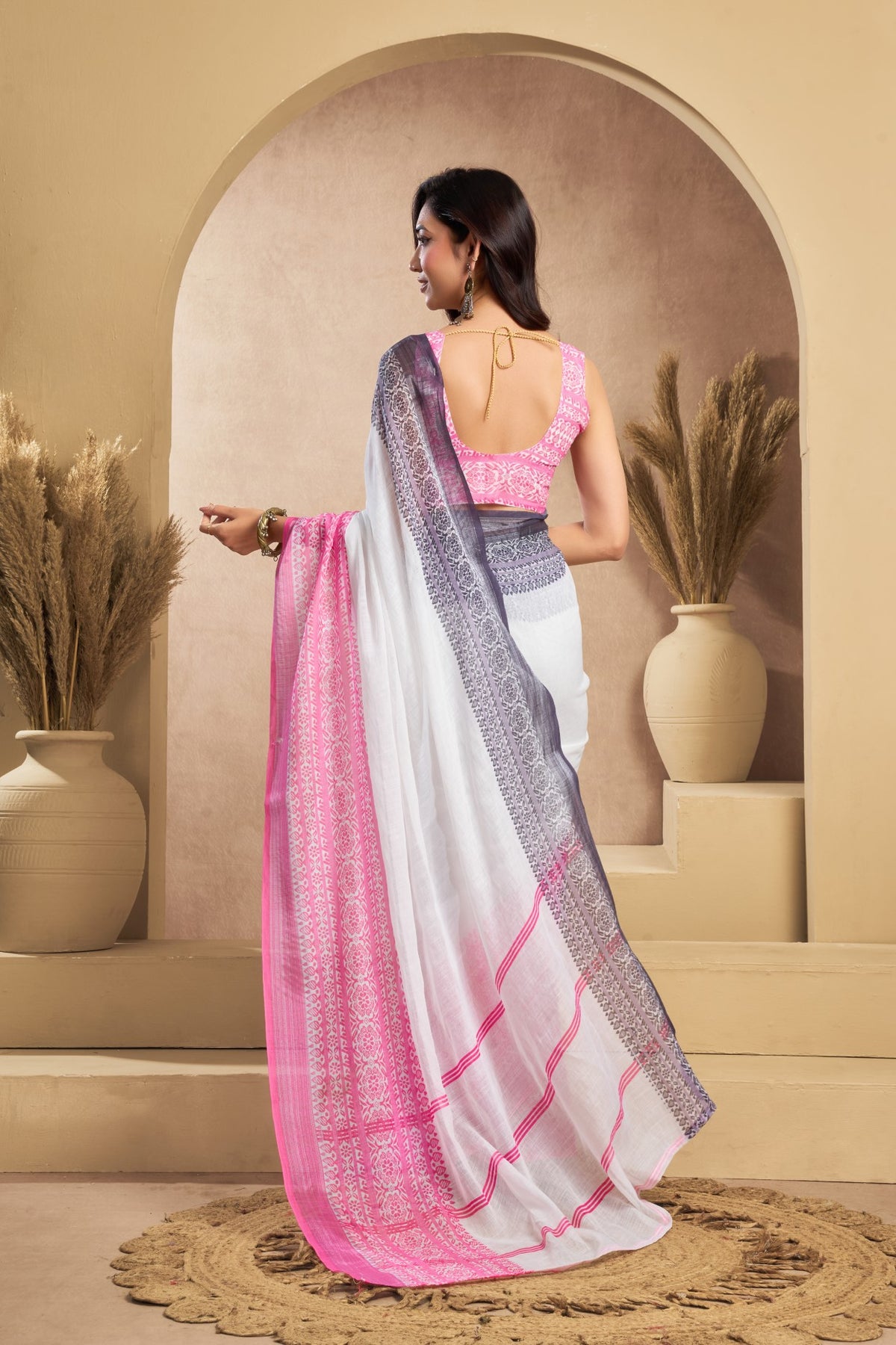 Multi Color Linen Ready To Wear Saree With Zari Border Printed