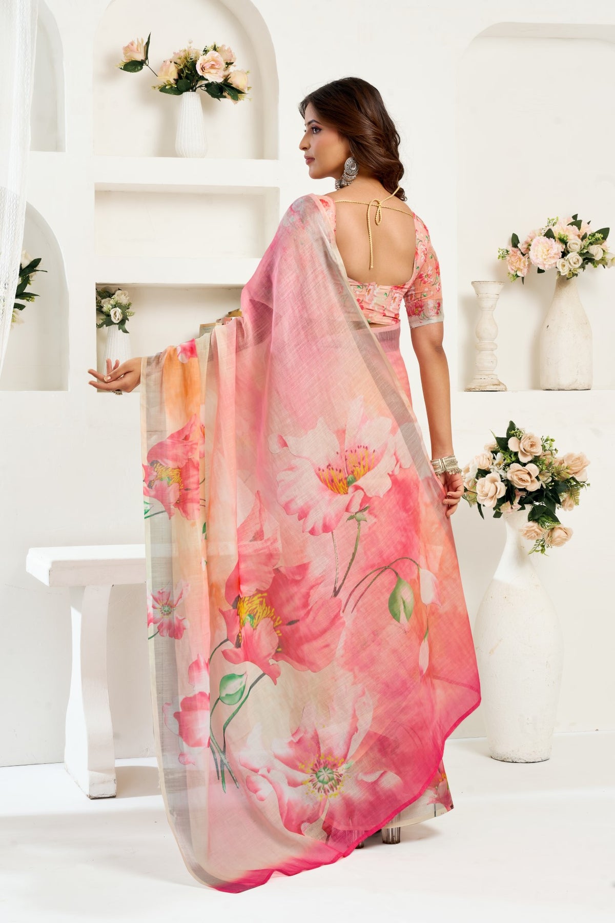 Multi Color Linen Ready To Wear Saree With Zari Border Printed