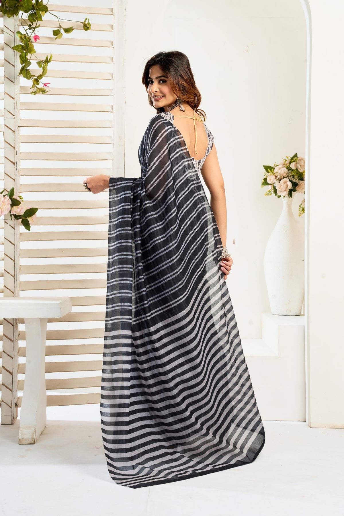 Multi Color Linen Ready To Wear Saree With Zari Border Printed