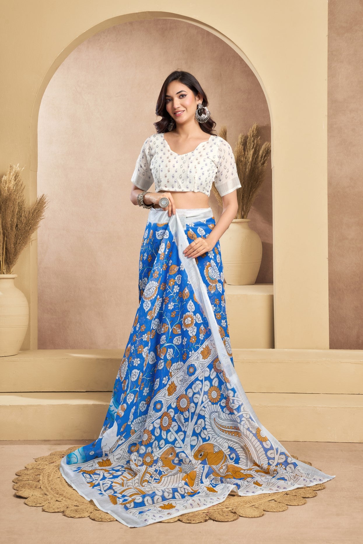 Multi Color Linen Ready To Wear Saree With Zari Border Printed