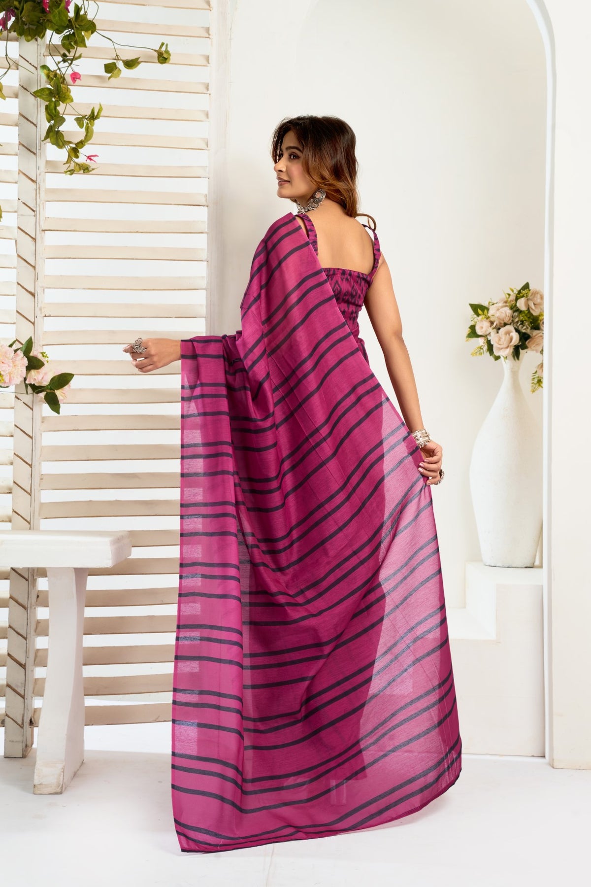 Multi Color Linen Ready To Wear Saree With Zari Border Printed