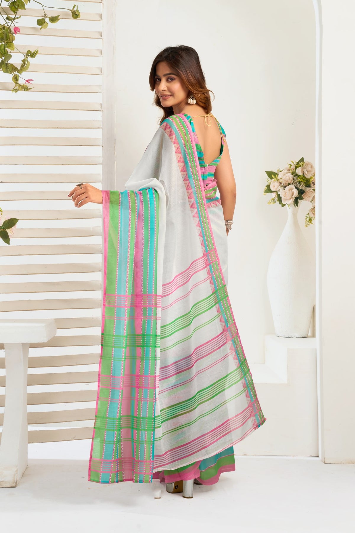 Multi Color Linen Ready To Wear Saree With Zari Border Printed