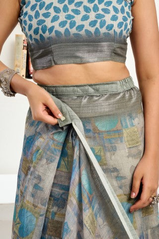 Multi Color Linen Ready To Wear Saree With Zari Border Printed