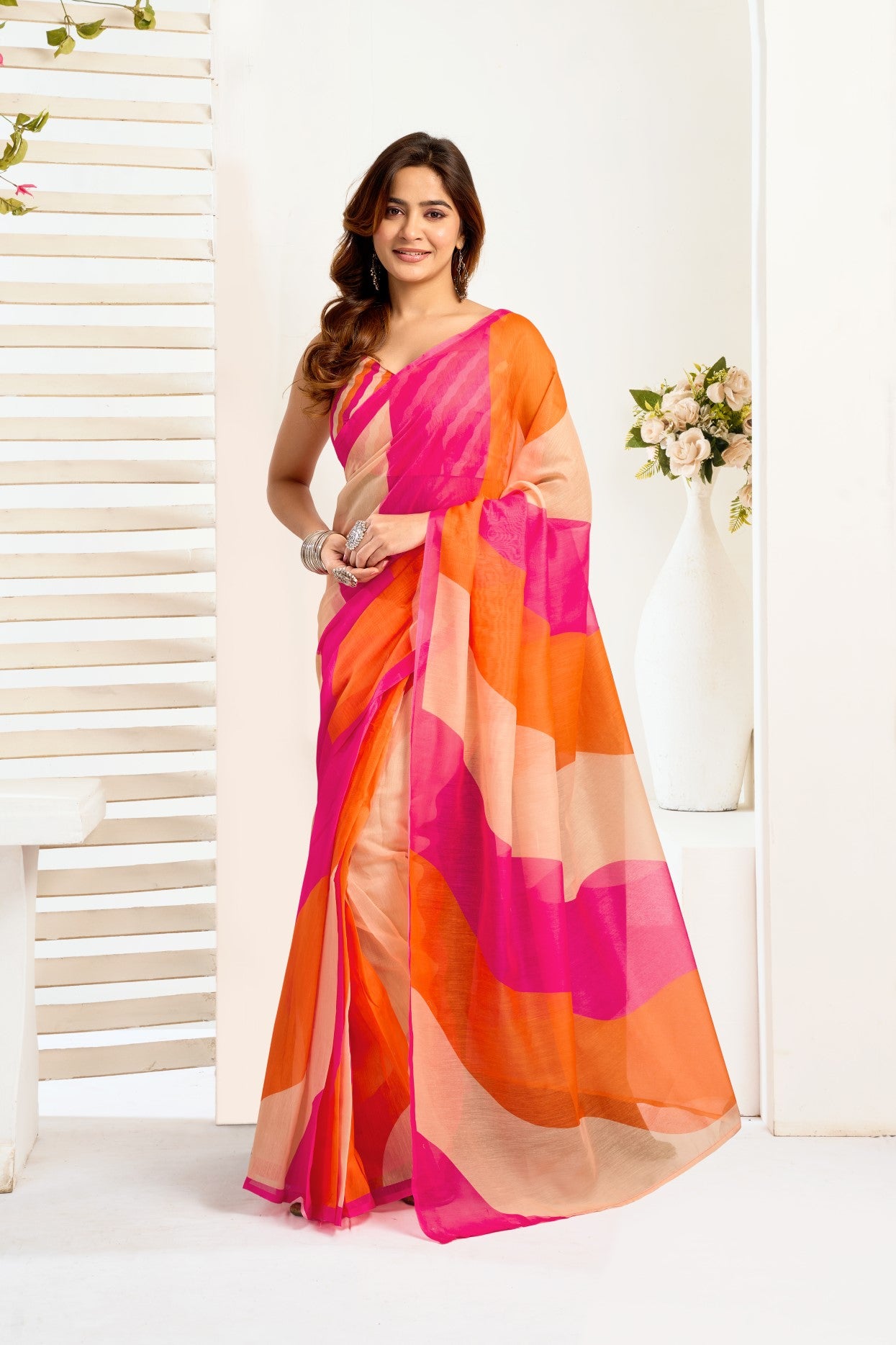 Multi Color Linen Ready To Wear Saree With Zari Border Printed