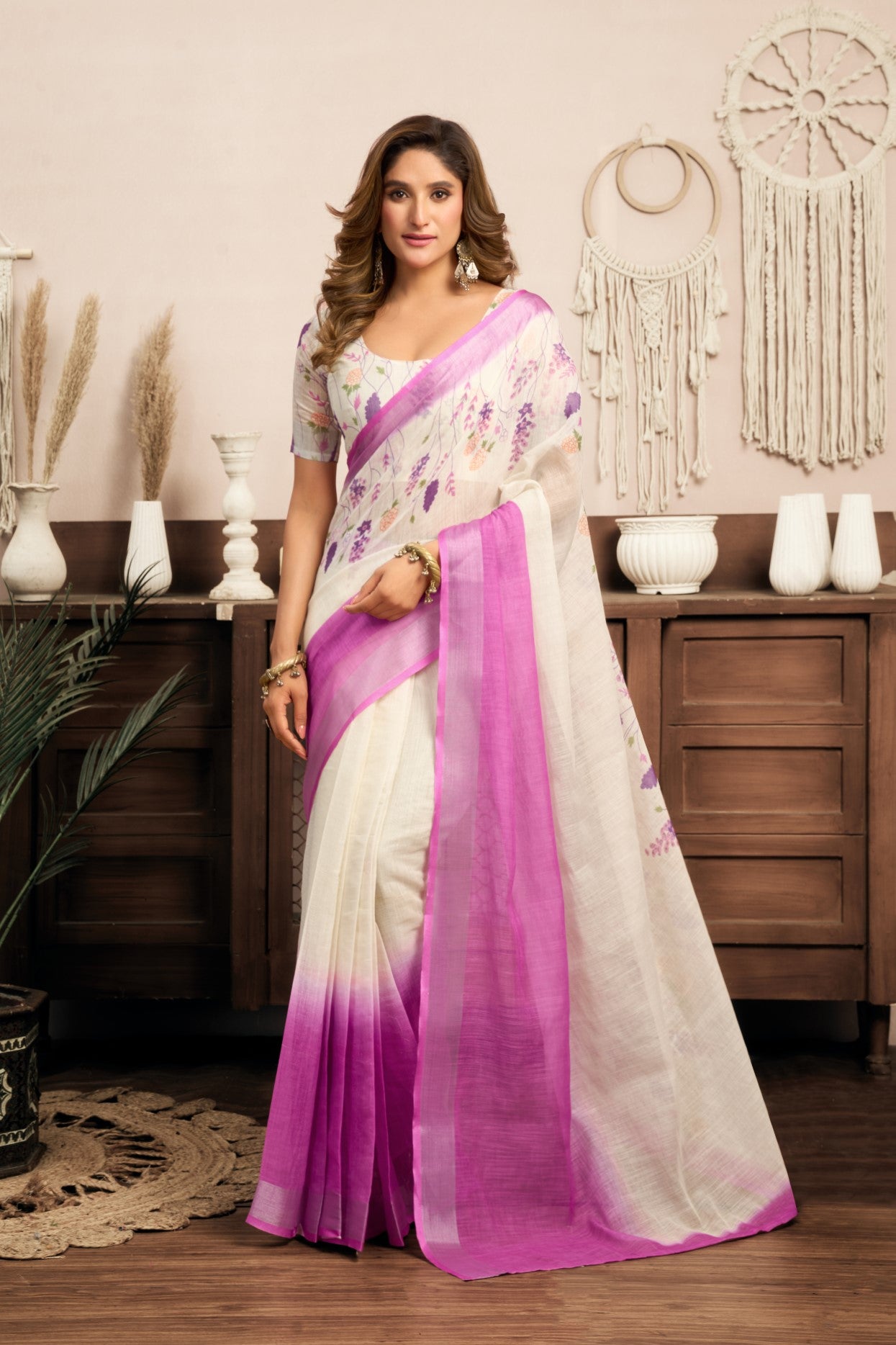Multi Color Linen Ready To Wear Saree With Zari Border Printed