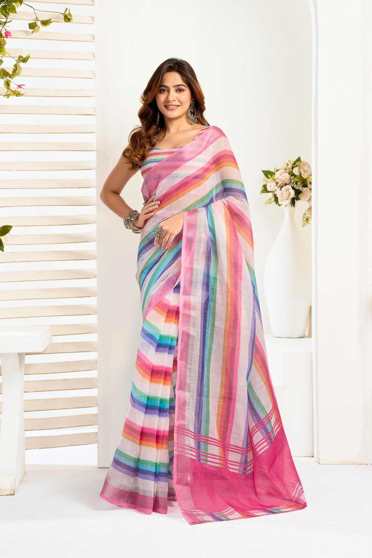 Multi Color Linen Ready To Wear Saree With Zari Border Printed