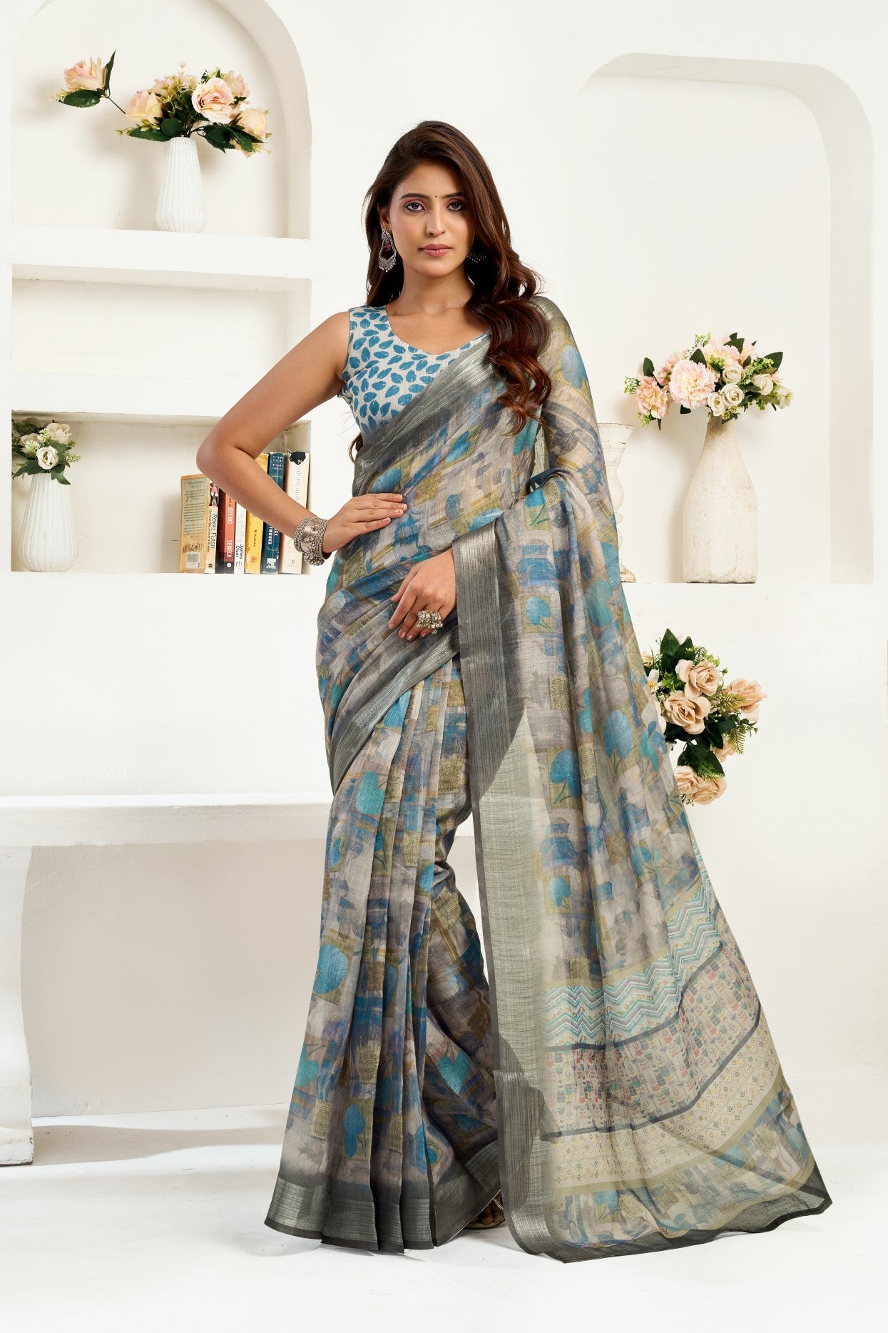 Multi Color Linen Ready To Wear Saree With Zari Border Printed