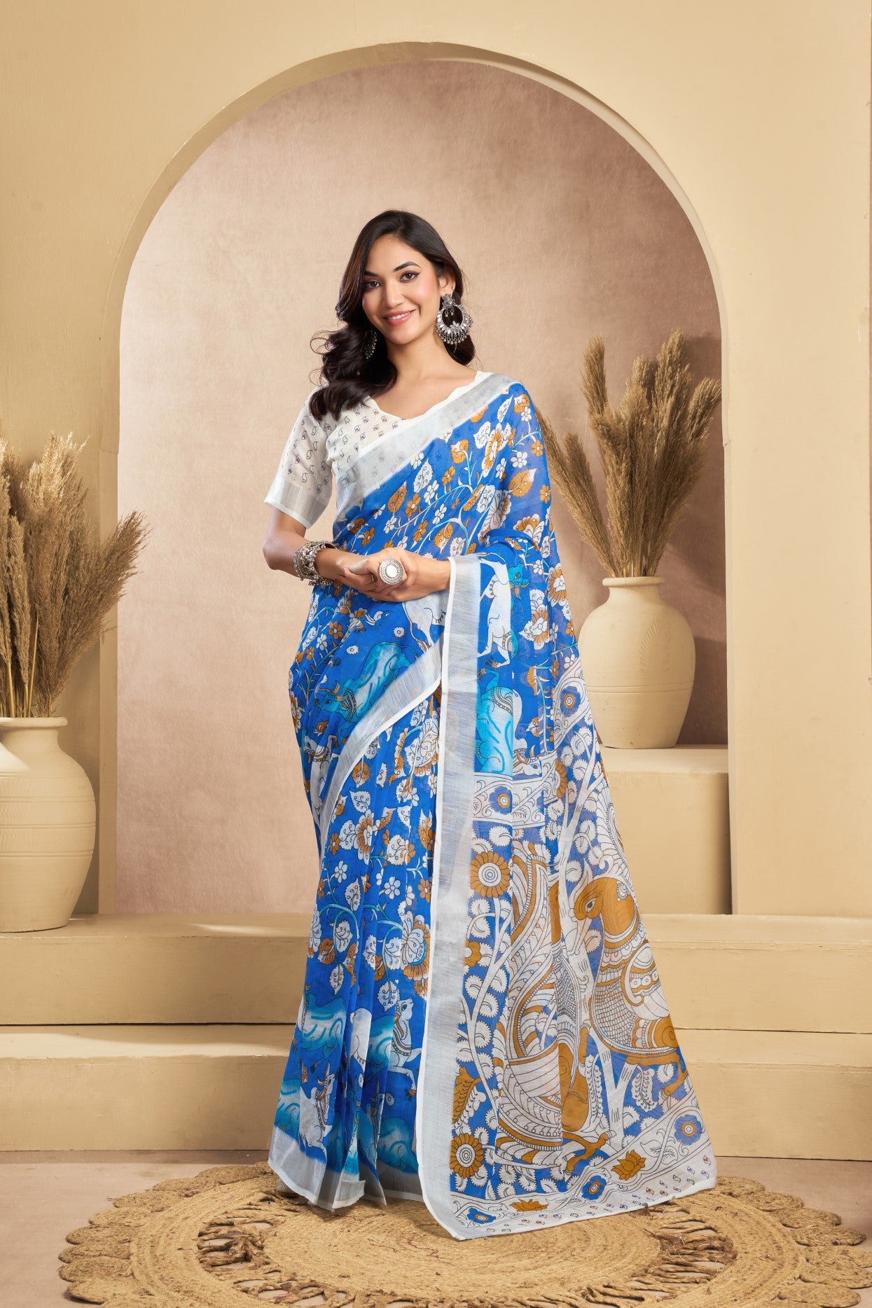 Multi Color Linen Ready To Wear Saree With Zari Border Printed