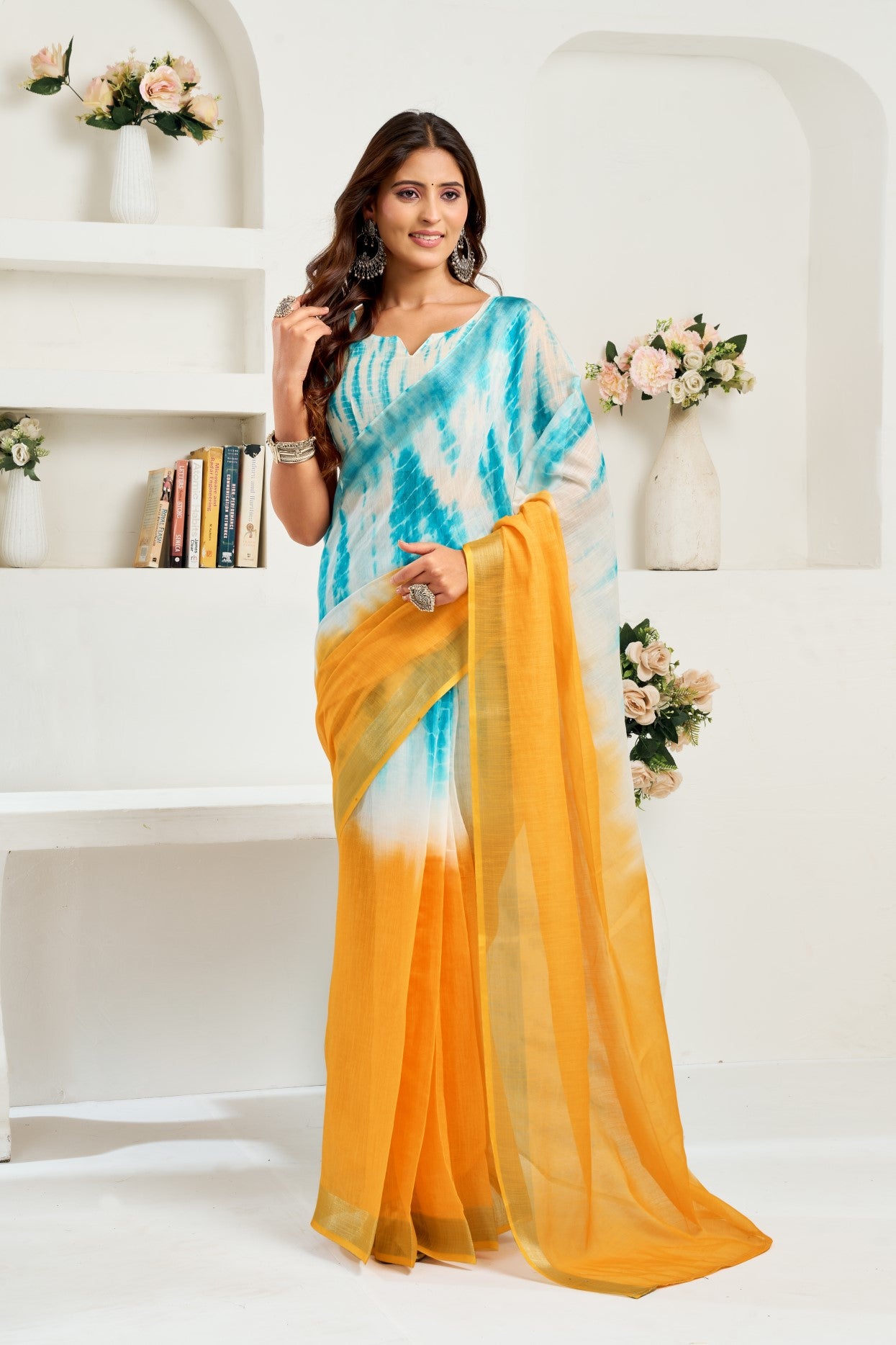 Multi Color Linen Ready To Wear Saree With Zari Border Printed