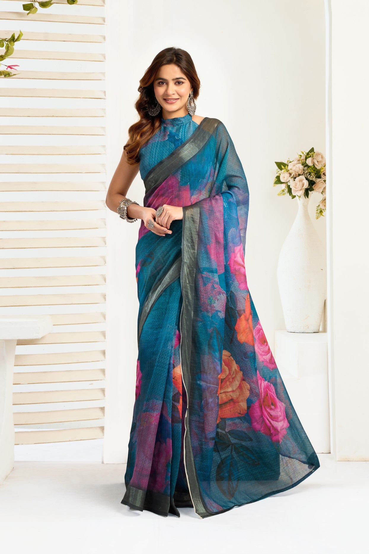 Multi Color Linen Ready To Wear Saree With Zari Border Printed
