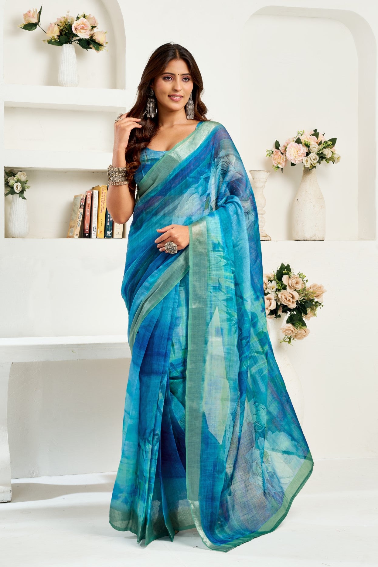 Multi Color Linen Ready To Wear Saree With Zari Border Printed