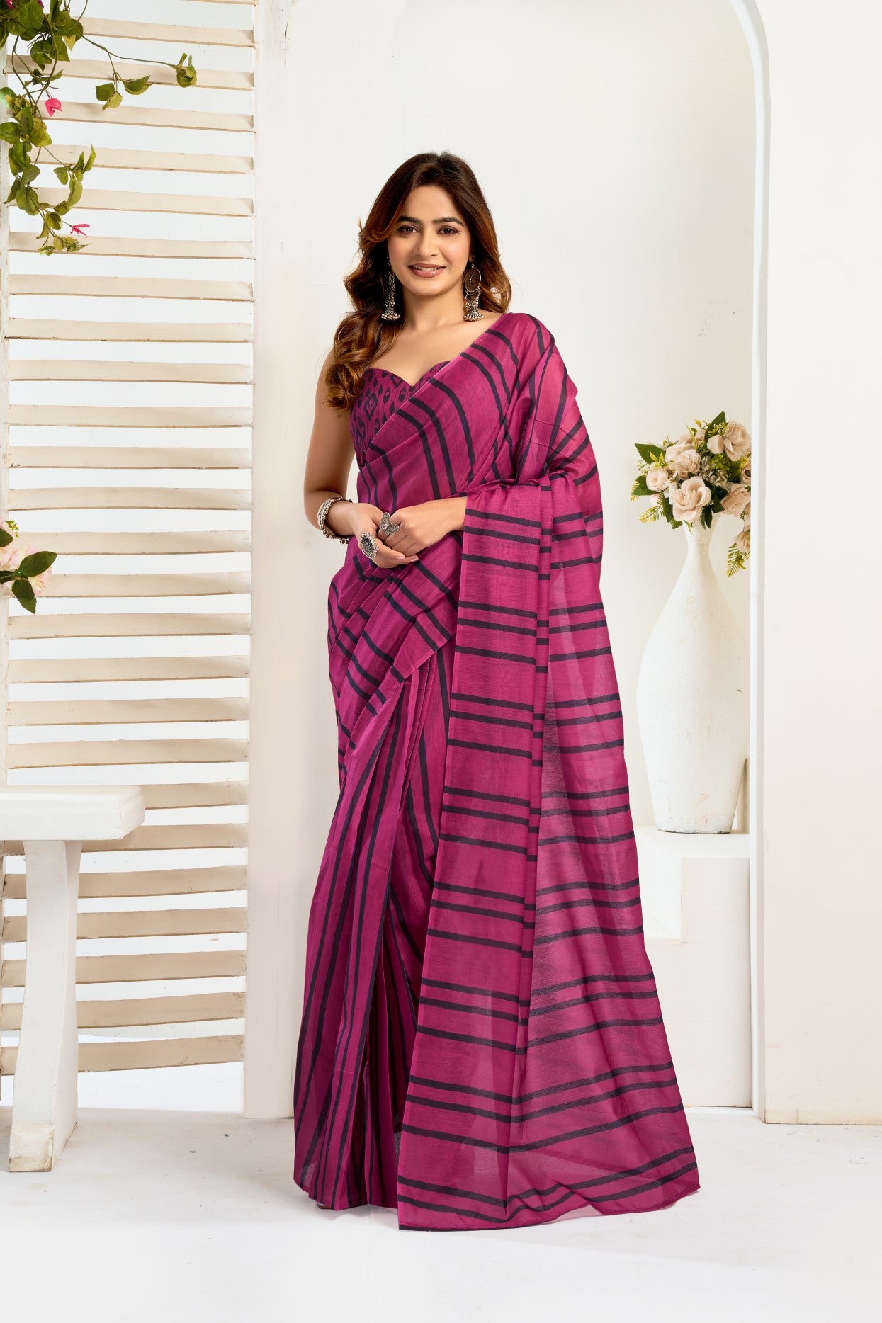 Multi Color Linen Ready To Wear Saree With Zari Border Printed
