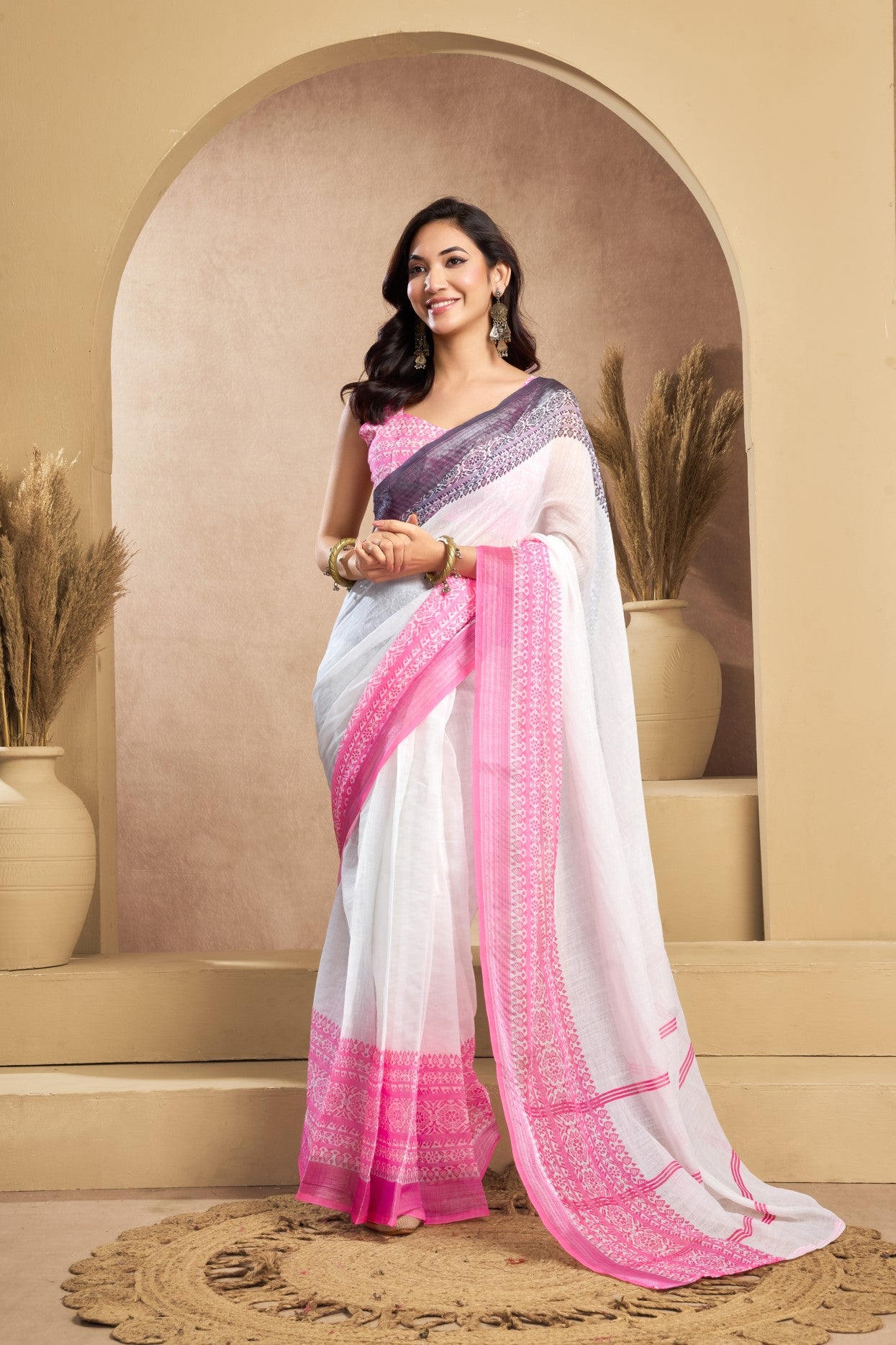 Multi Color Linen Ready To Wear Saree With Zari Border Printed