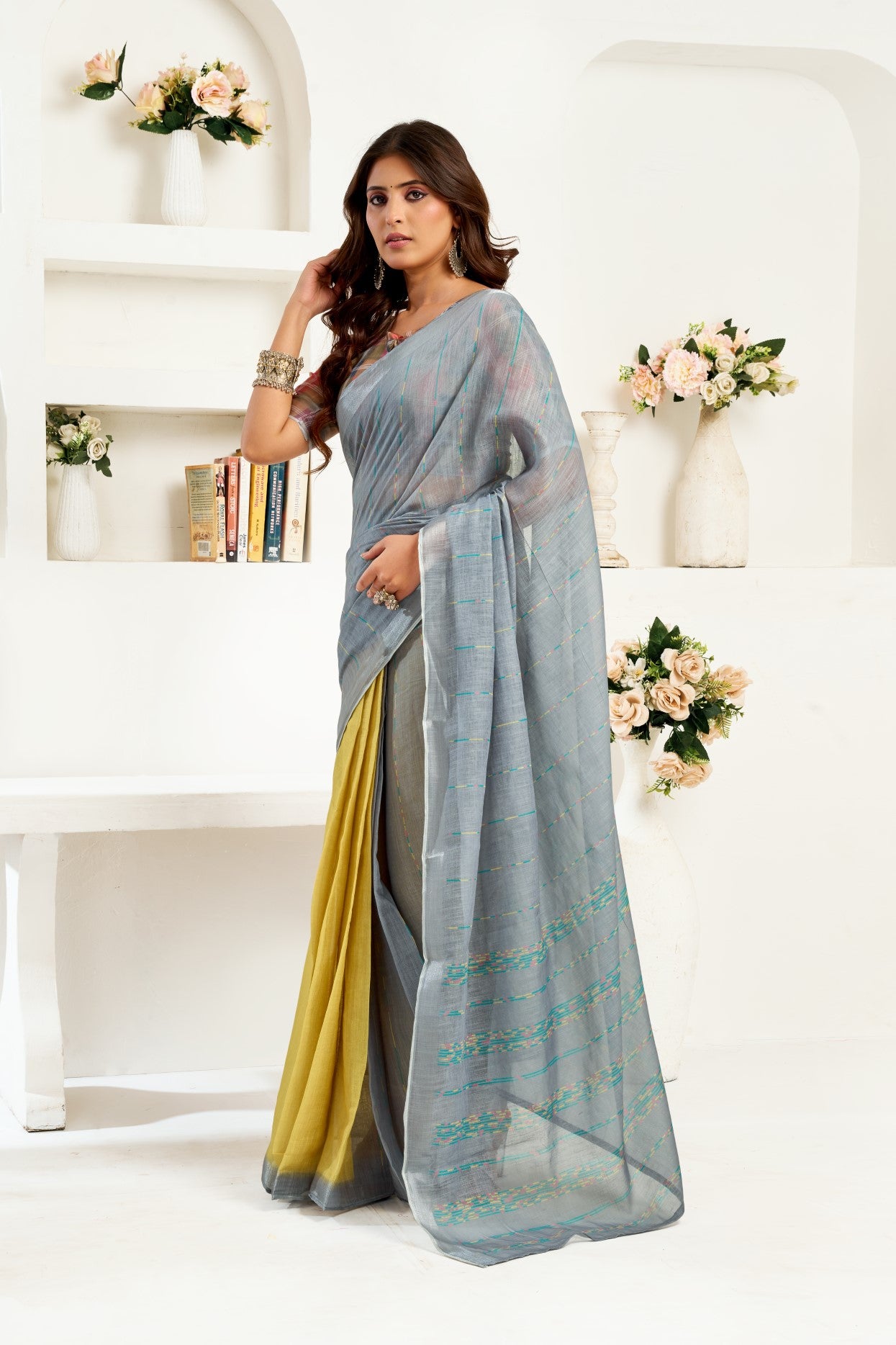 Multi Color Linen Ready To Wear Saree With Zari Border Printed