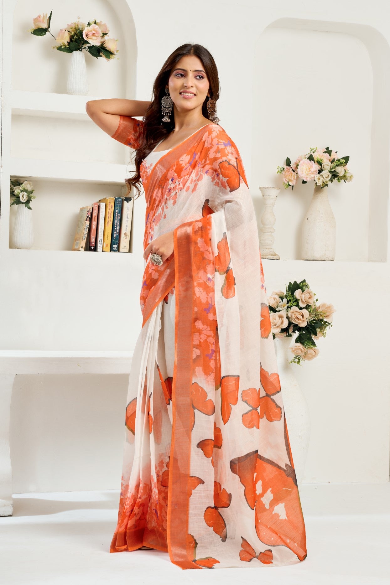 Multi Color Linen Ready To Wear Saree With Zari Border Printed