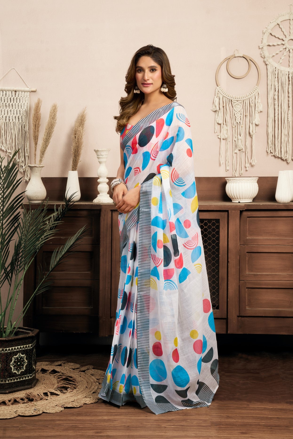 Multi Color Linen Ready To Wear Saree With Zari Border Printed