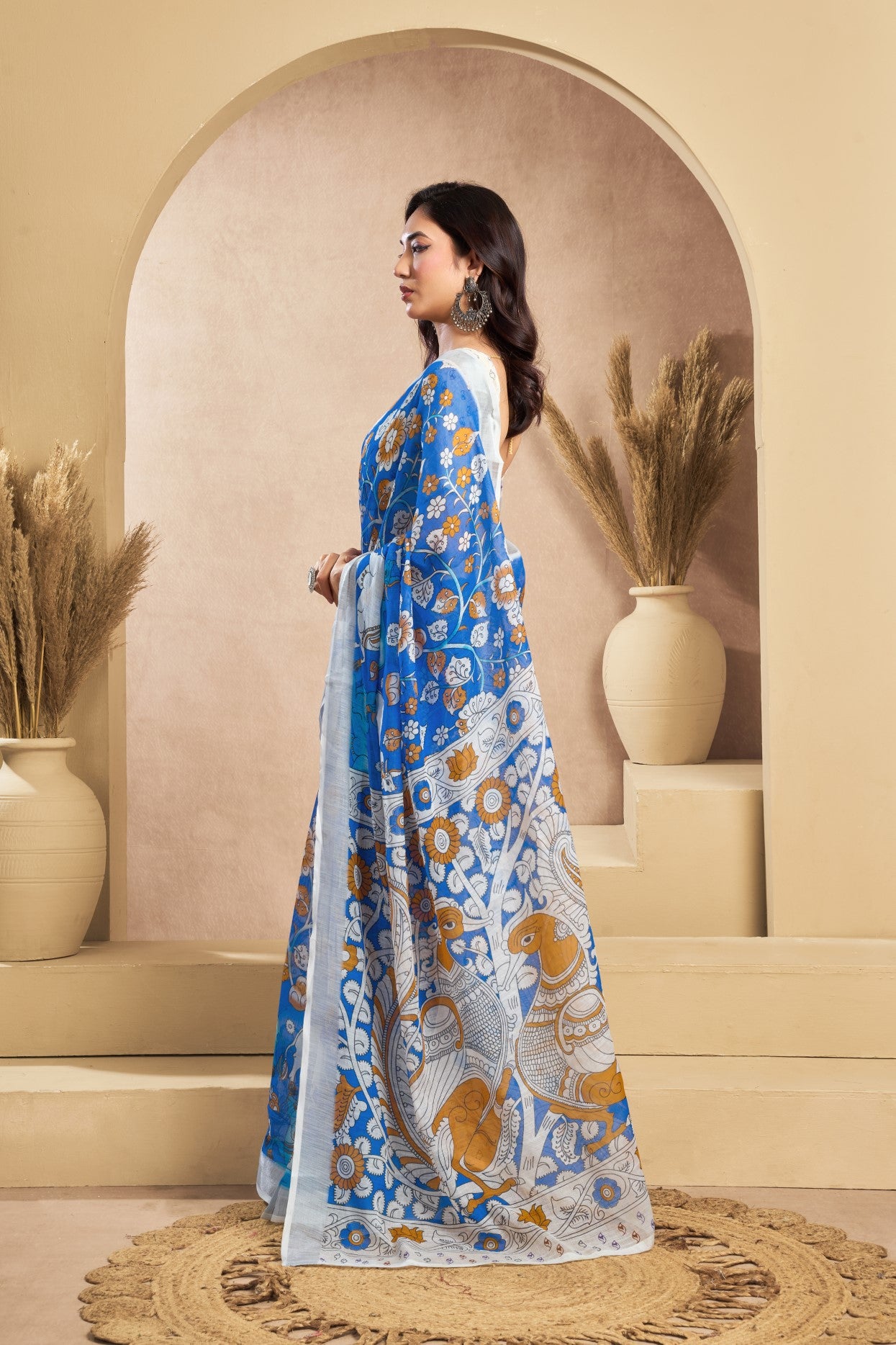 Multi Color Linen Ready To Wear Saree With Zari Border Printed