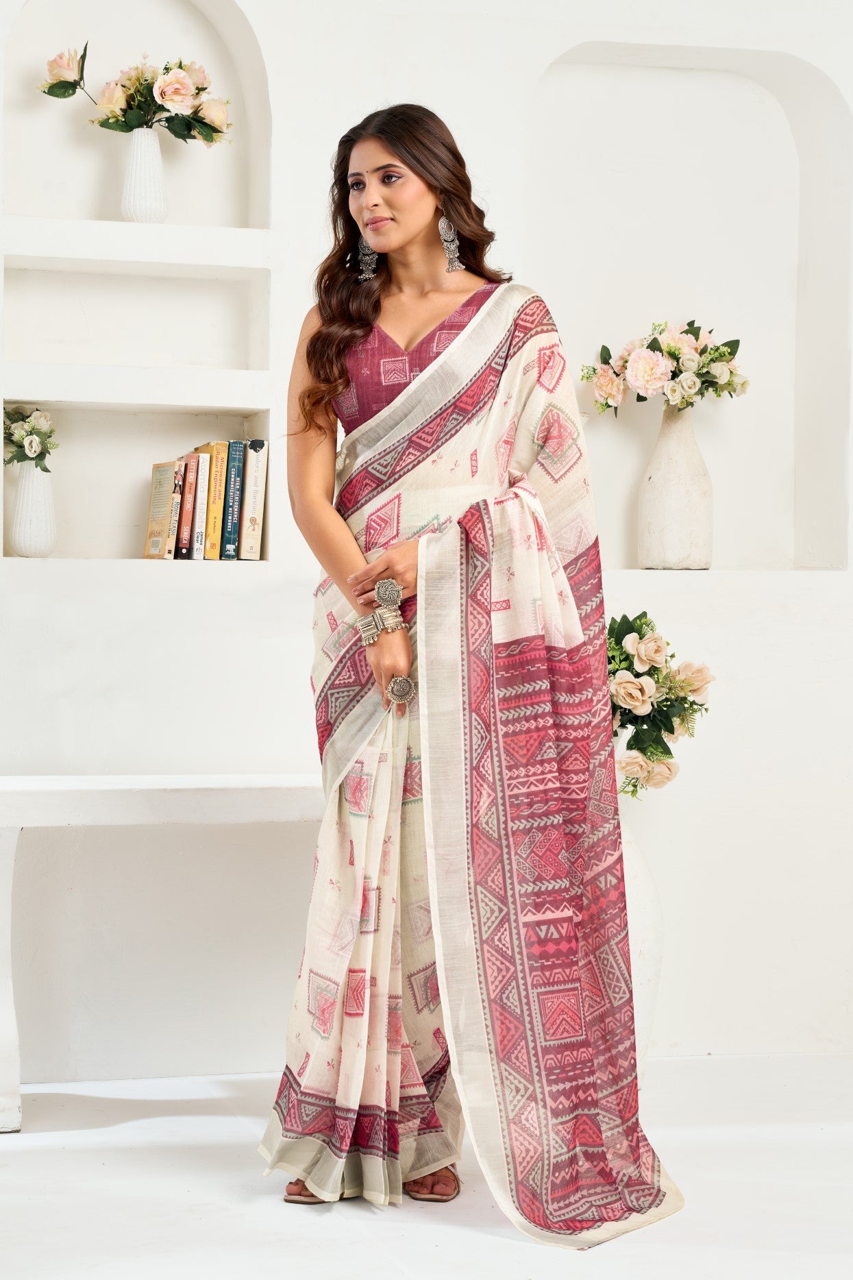 Multi Color Linen Ready To Wear Saree With Zari Border Printed