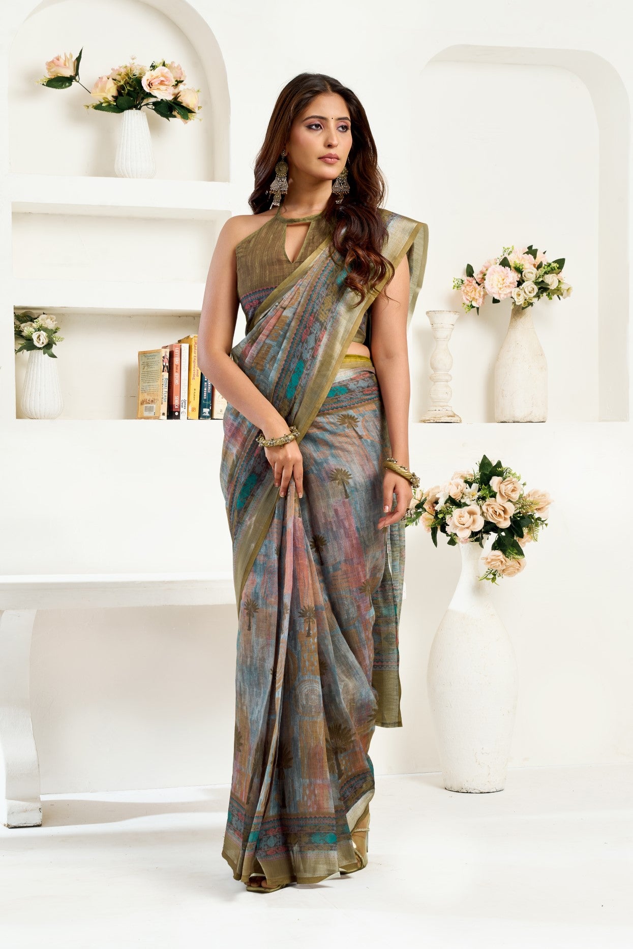 Multi Color Linen Ready To Wear Saree With Zari Border Printed