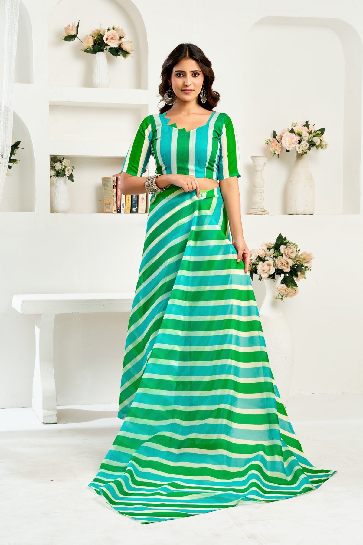 Multi Color Linen Ready To Wear Saree With Zari Border Printed