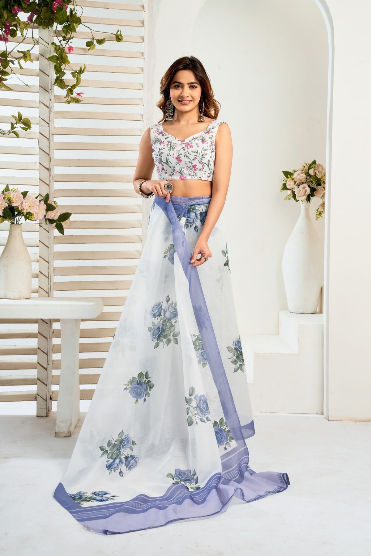Multi Color Linen Ready To Wear Saree With Zari Border Printed