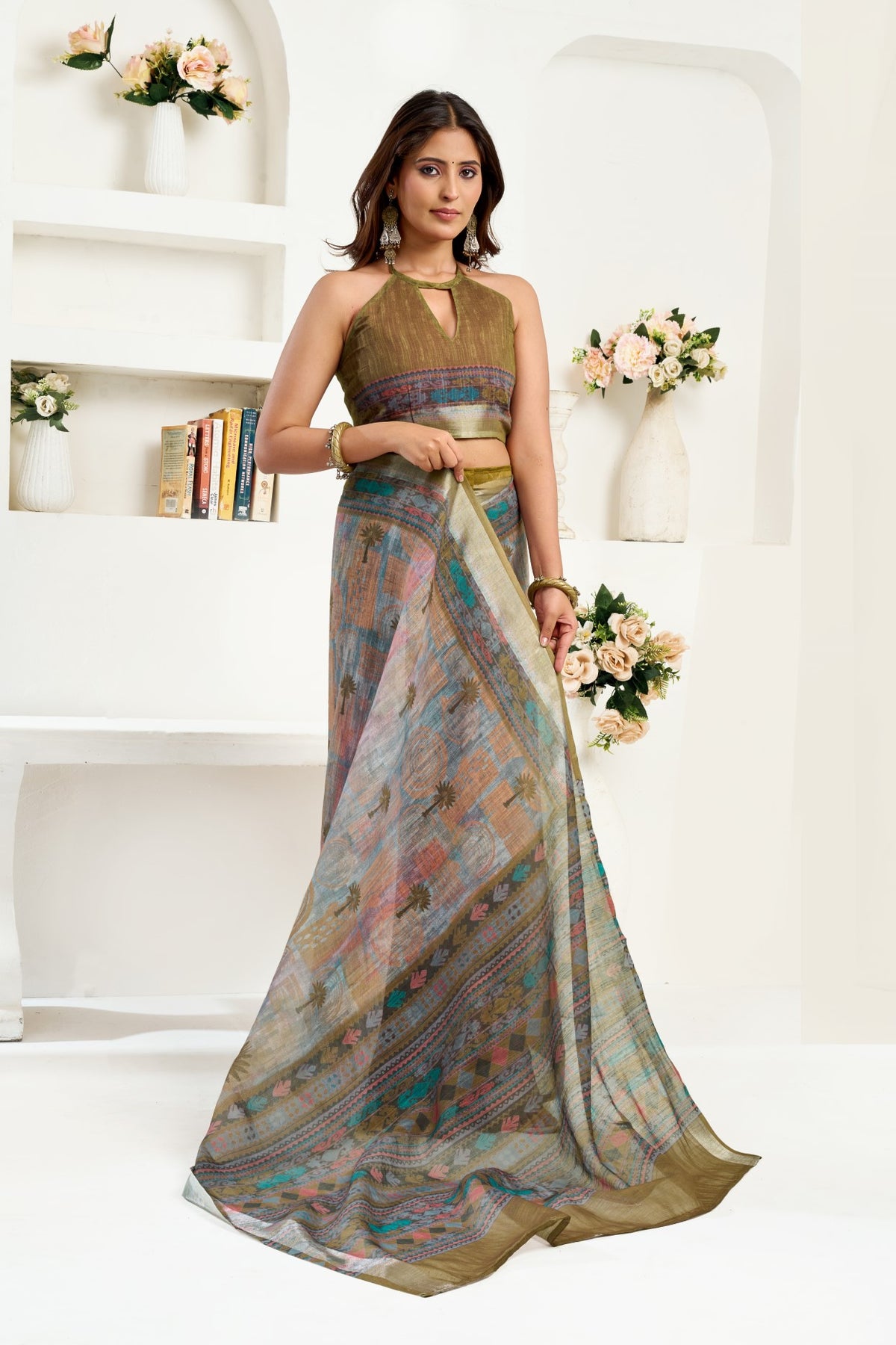 Multi Color Linen Ready To Wear Saree With Zari Border Printed
