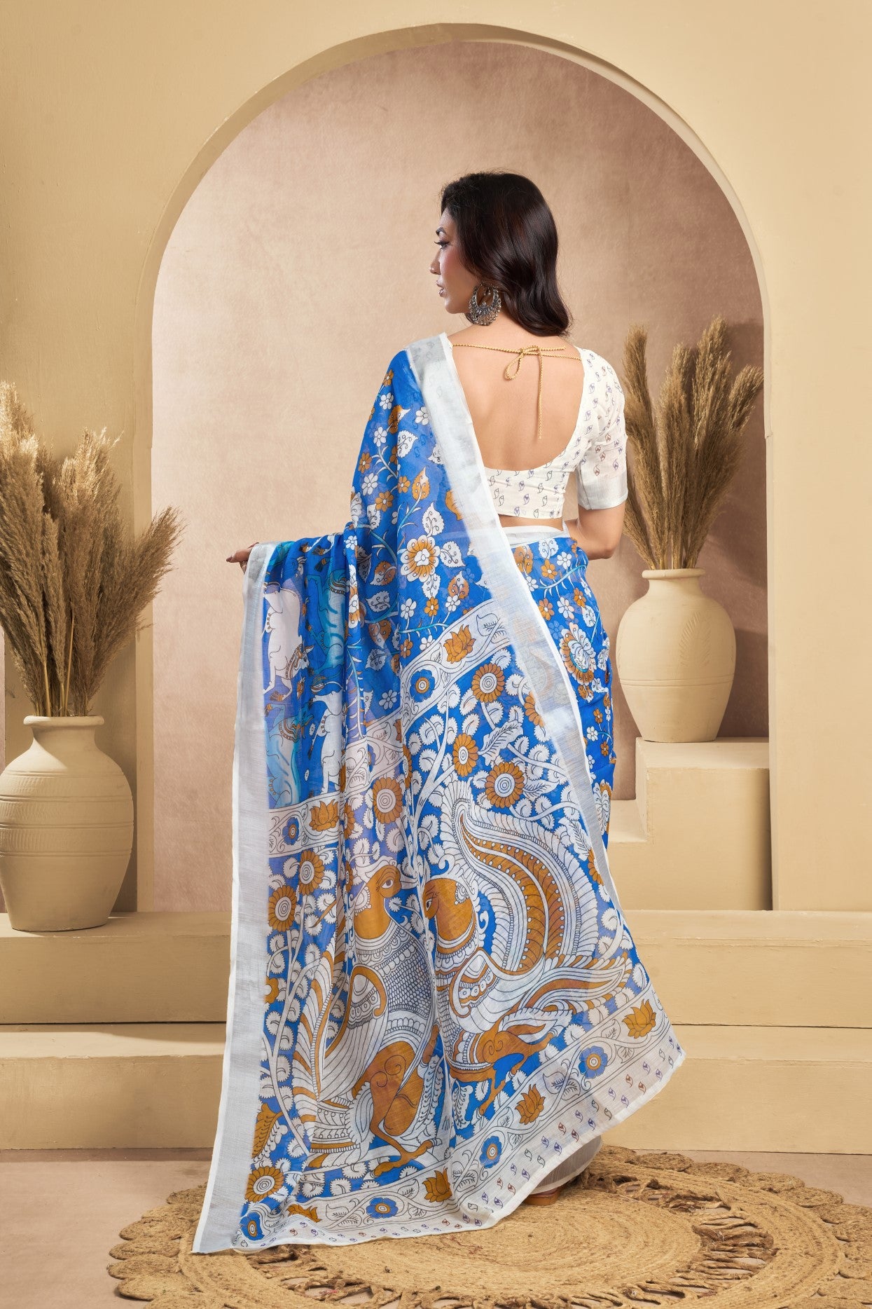 Multi Color Linen Ready To Wear Saree With Zari Border Printed