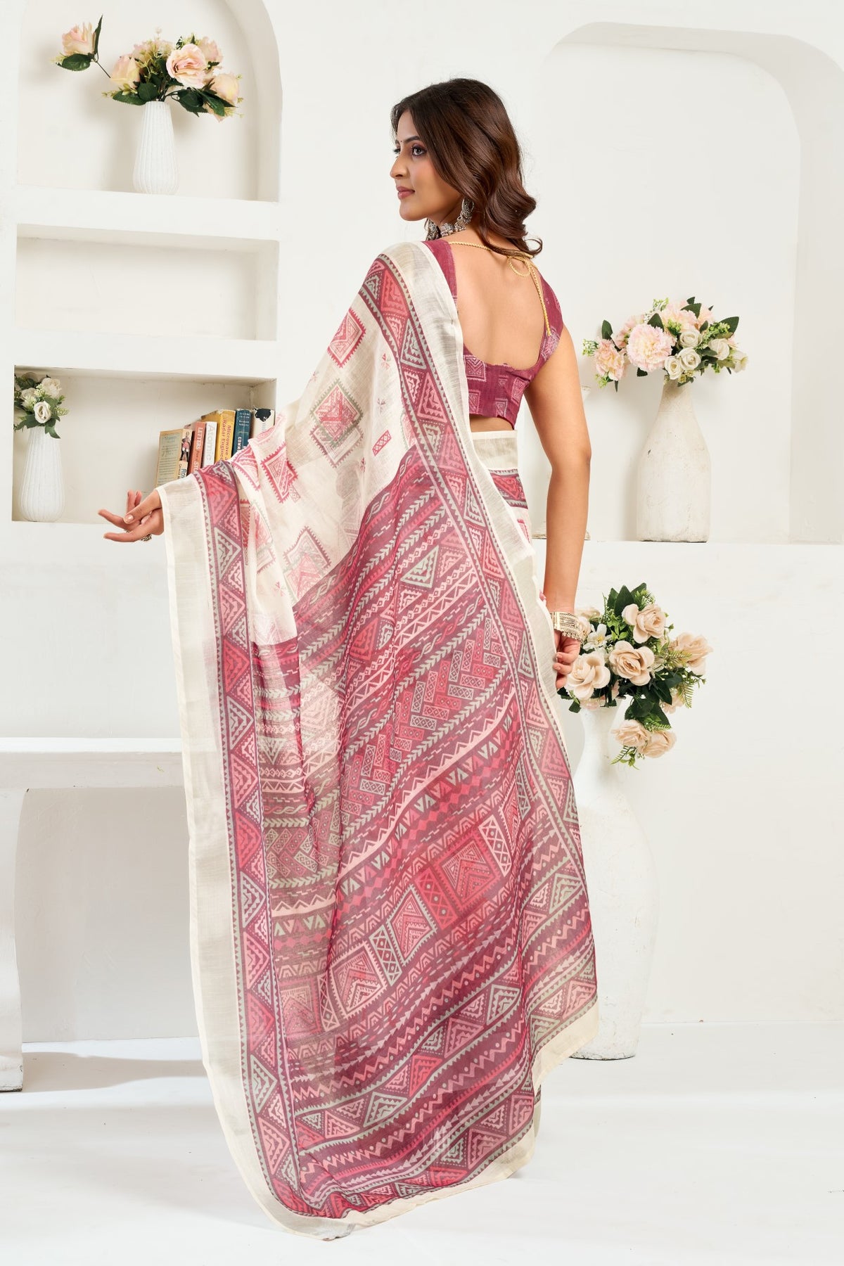 Multi Color Linen Ready To Wear Saree With Zari Border Printed