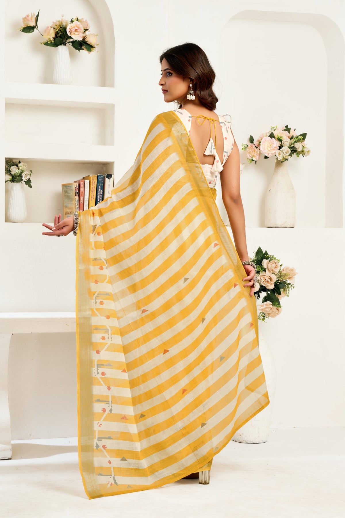 Multi Color Linen Ready To Wear Saree With Zari Border Printed