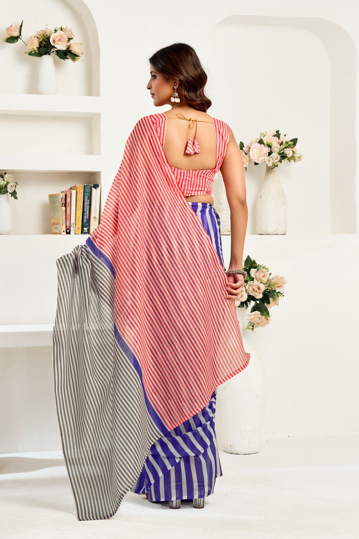 Multi Color Linen Ready To Wear Saree With Zari Border Printed