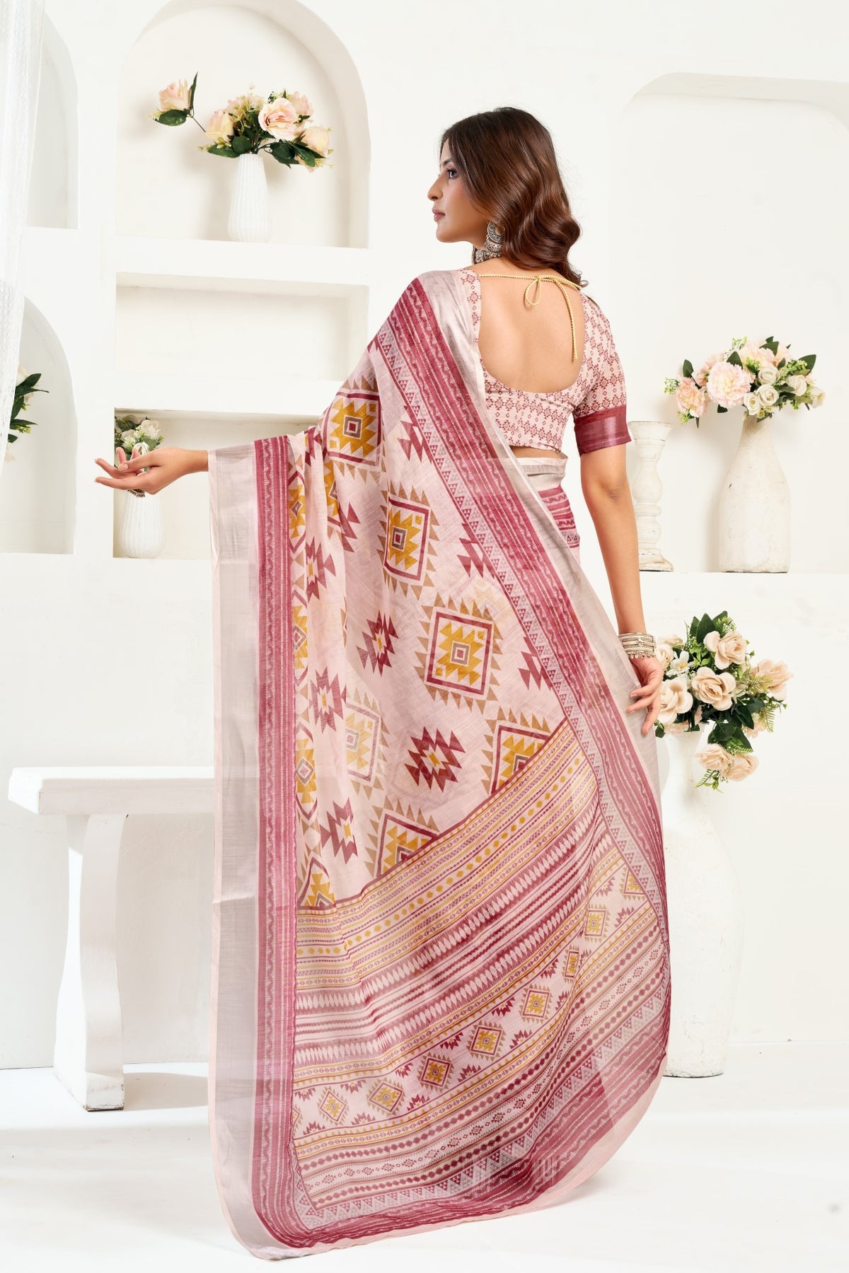 Multi Color Linen Ready To Wear Saree With Zari Border Printed