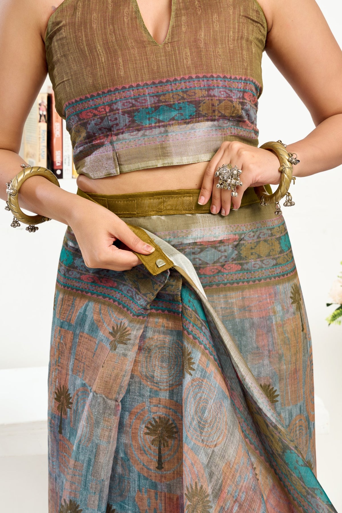 Multi Color Linen Ready To Wear Saree With Zari Border Printed