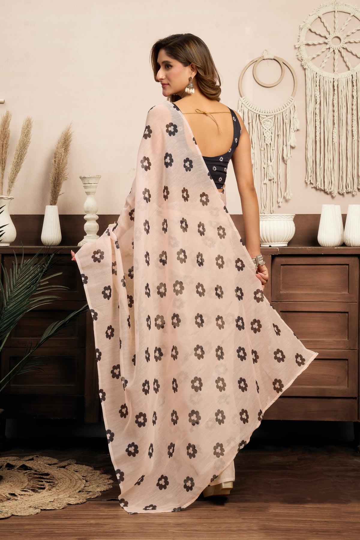 Multi Color Linen Ready To Wear Saree With Zari Border Printed