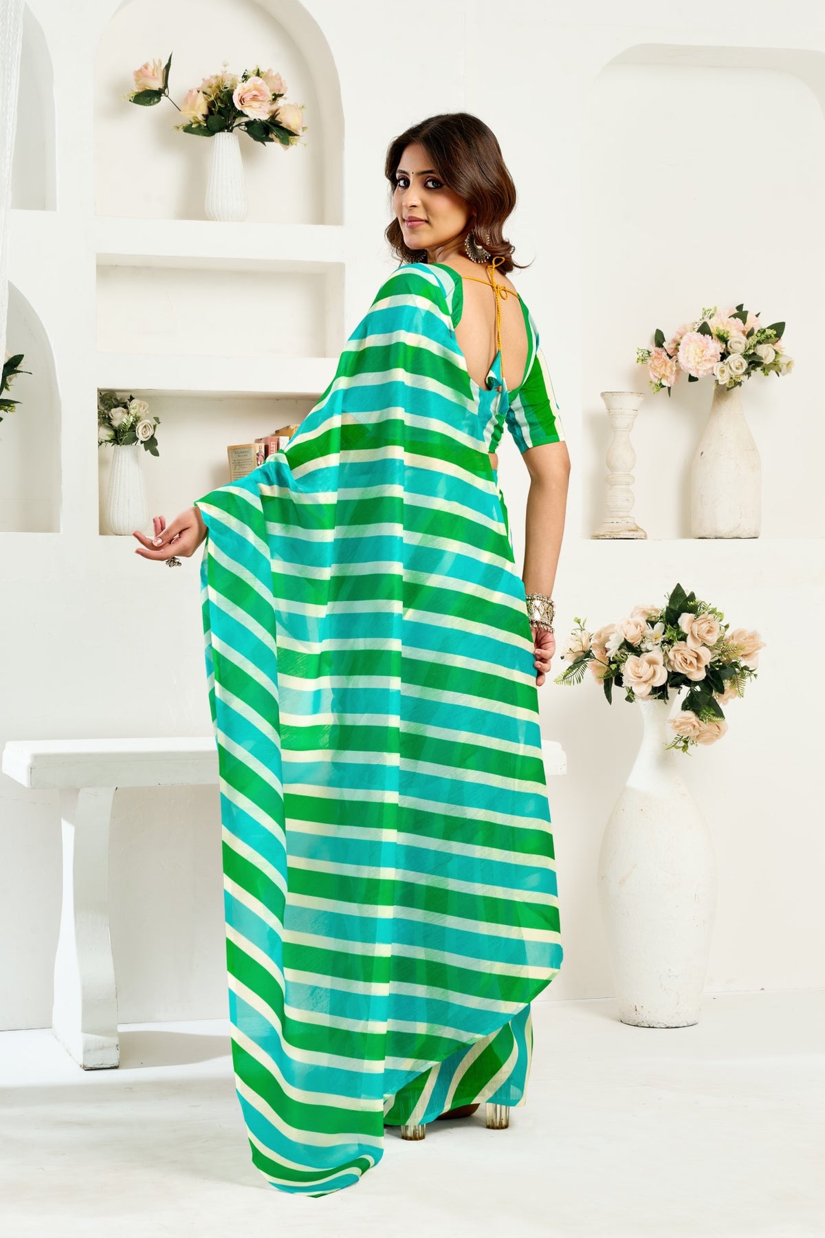 Multi Color Linen Ready To Wear Saree With Zari Border Printed