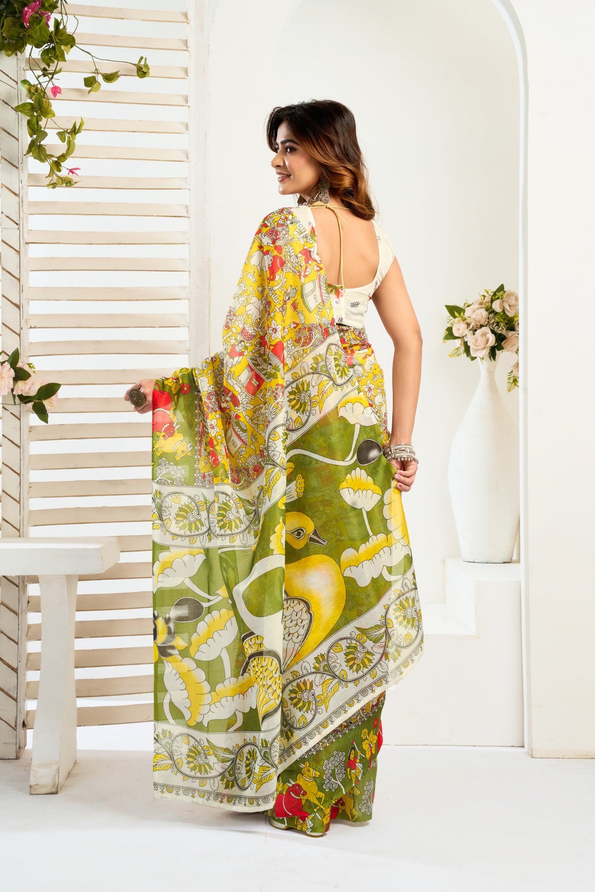 Multi Color Linen Ready To Wear Saree With Zari Border Printed