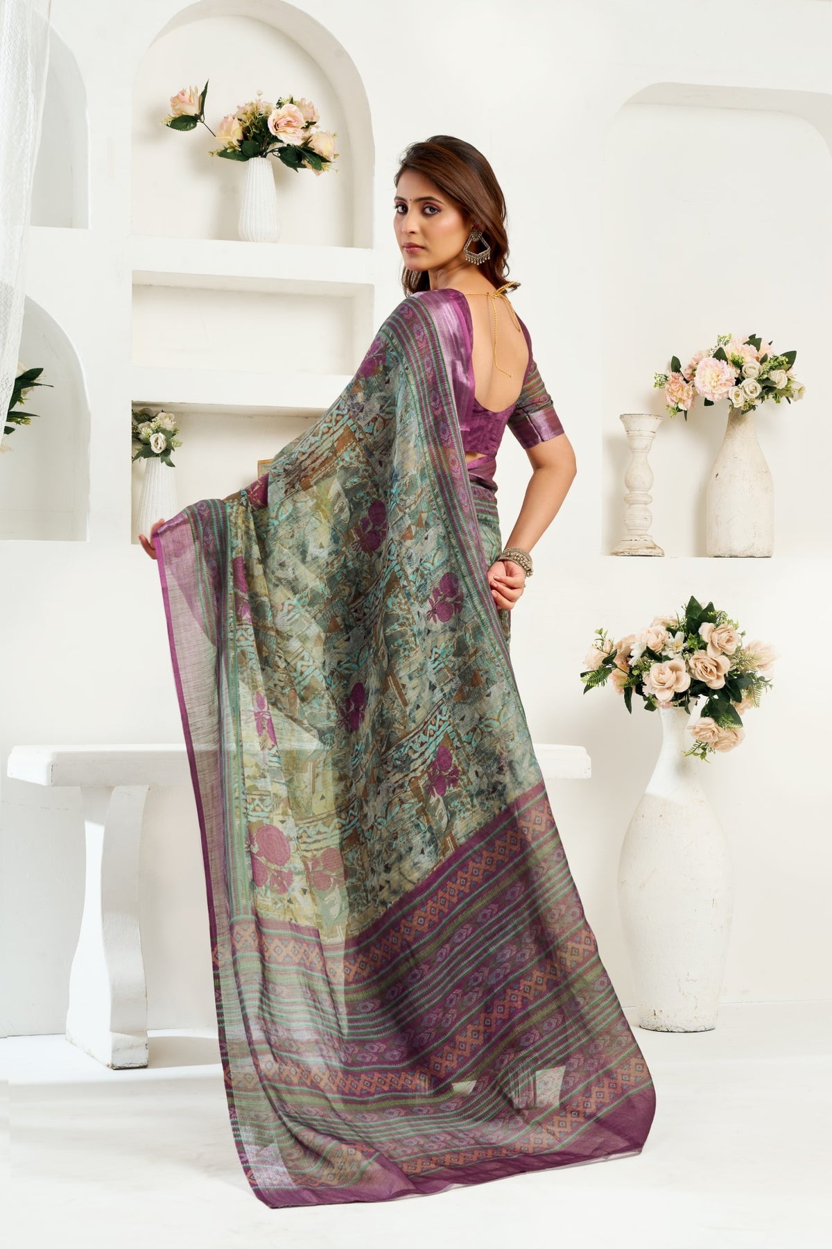 Multi Color Linen Ready To Wear Saree With Zari Border Printed