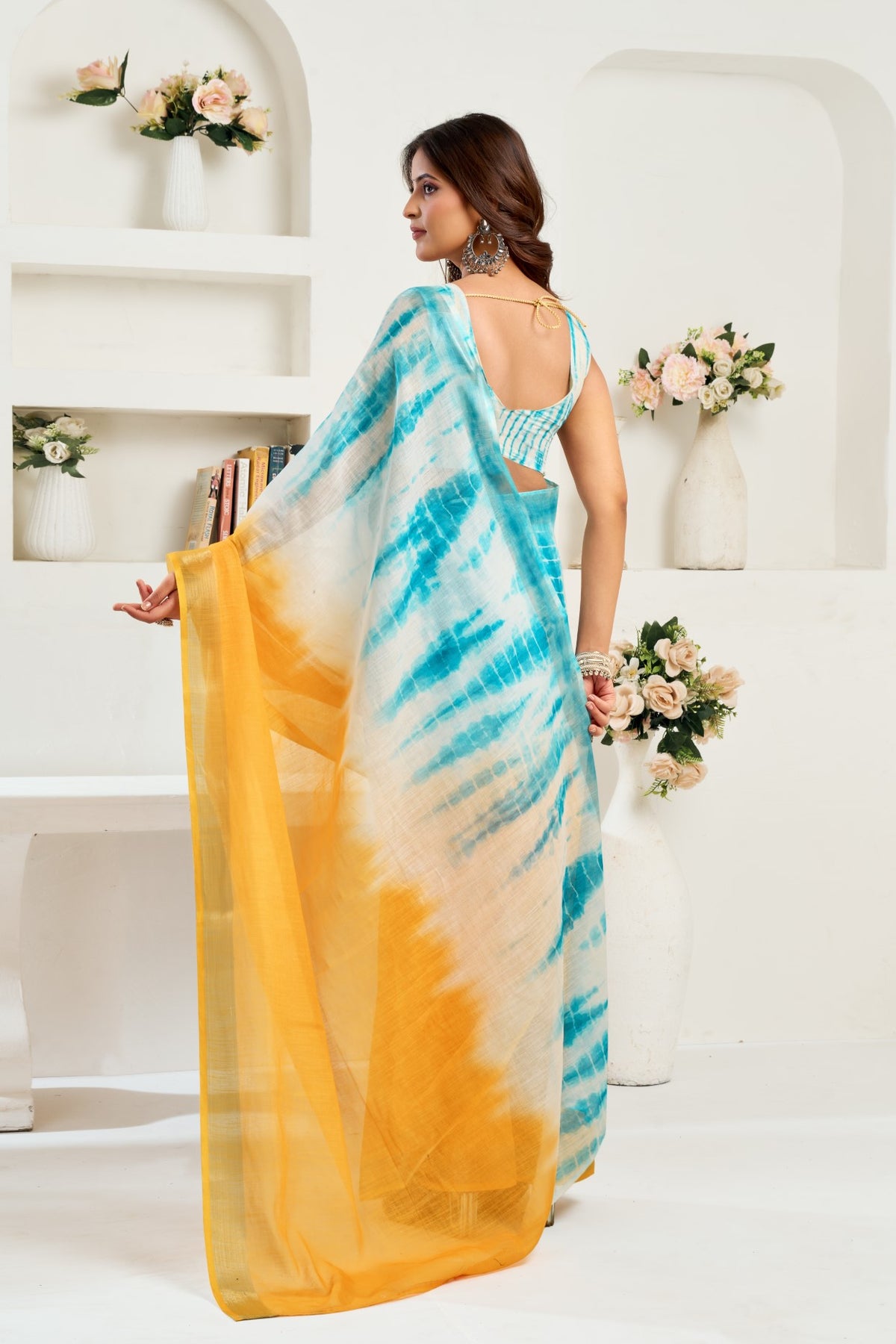 Multi Color Linen Ready To Wear Saree With Zari Border Printed