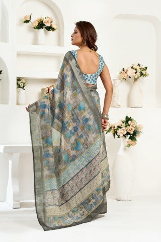Multi Color Linen Ready To Wear Saree With Zari Border Printed
