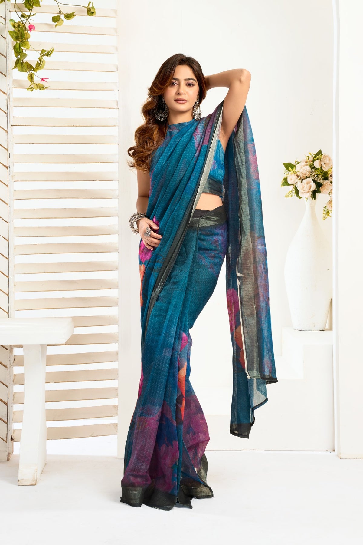 Multi Color Linen Ready To Wear Saree With Zari Border Printed