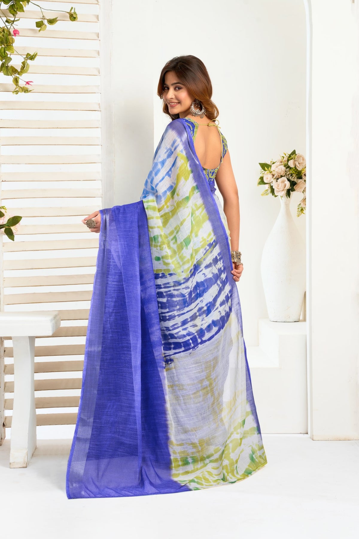 Multi Color Linen Ready To Wear Saree With Zari Border Printed