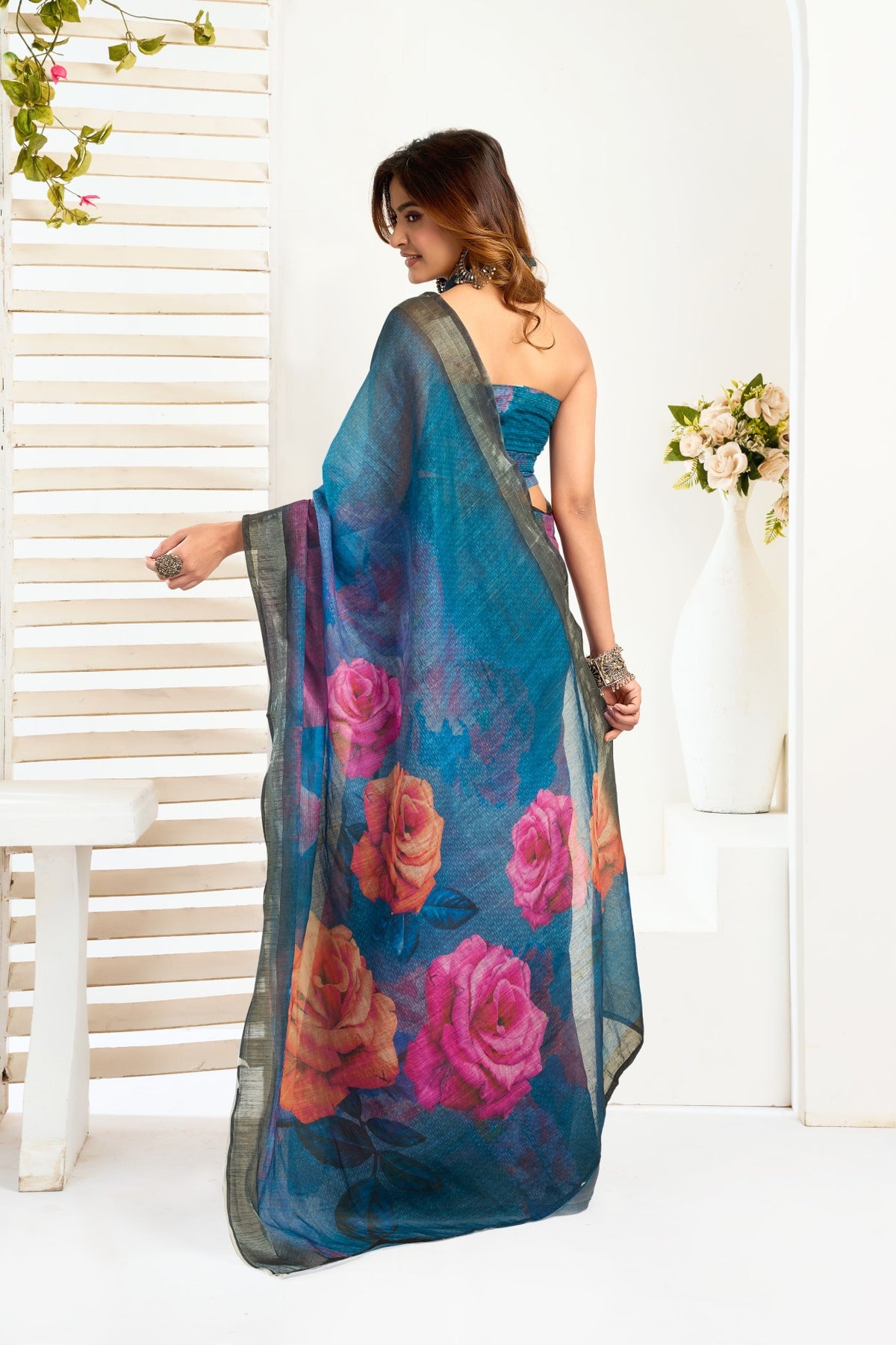 Multi Color Linen Ready To Wear Saree With Zari Border Printed