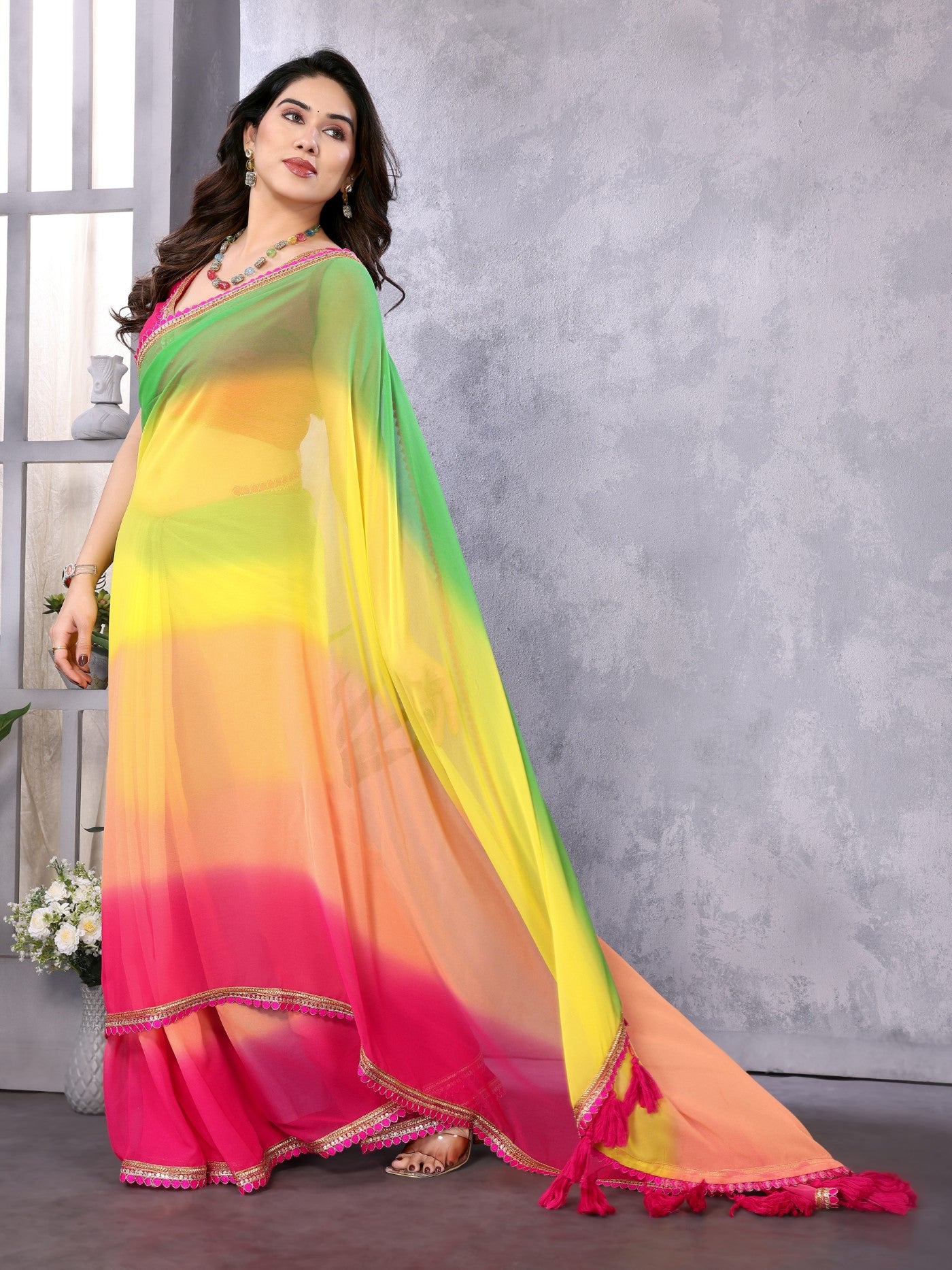 Multi Georgette Saree With Padding Saree With Embroidery Work Lace