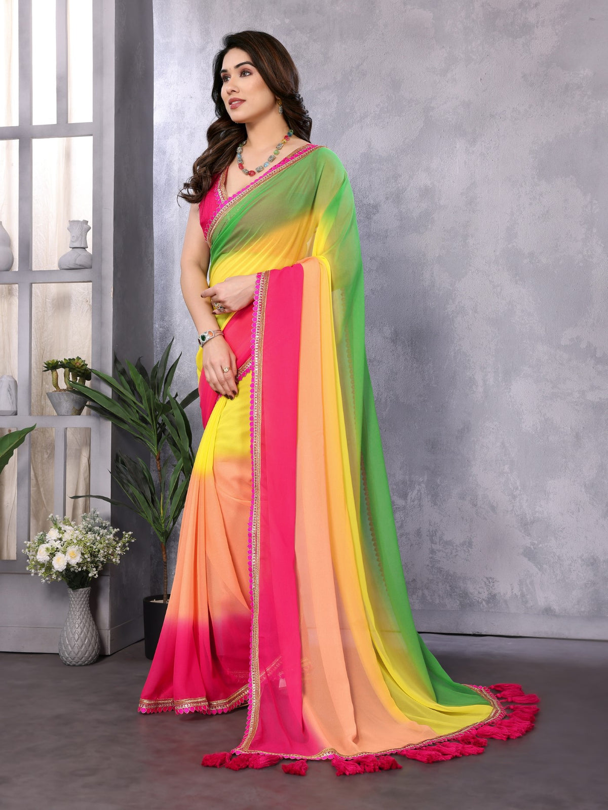 Multi Georgette Saree With Padding Saree With Embroidery Work Lace