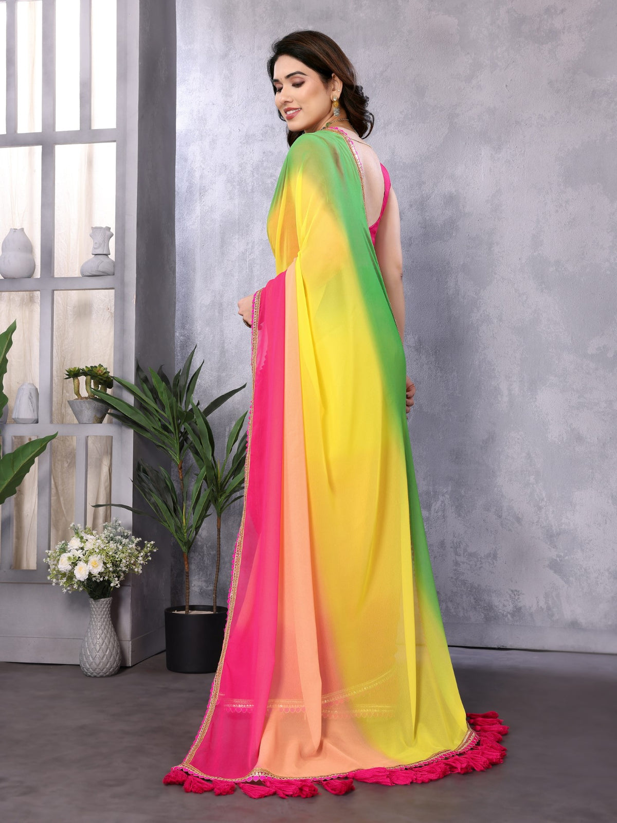 Multi Georgette Saree With Padding Saree With Embroidery Work Lace