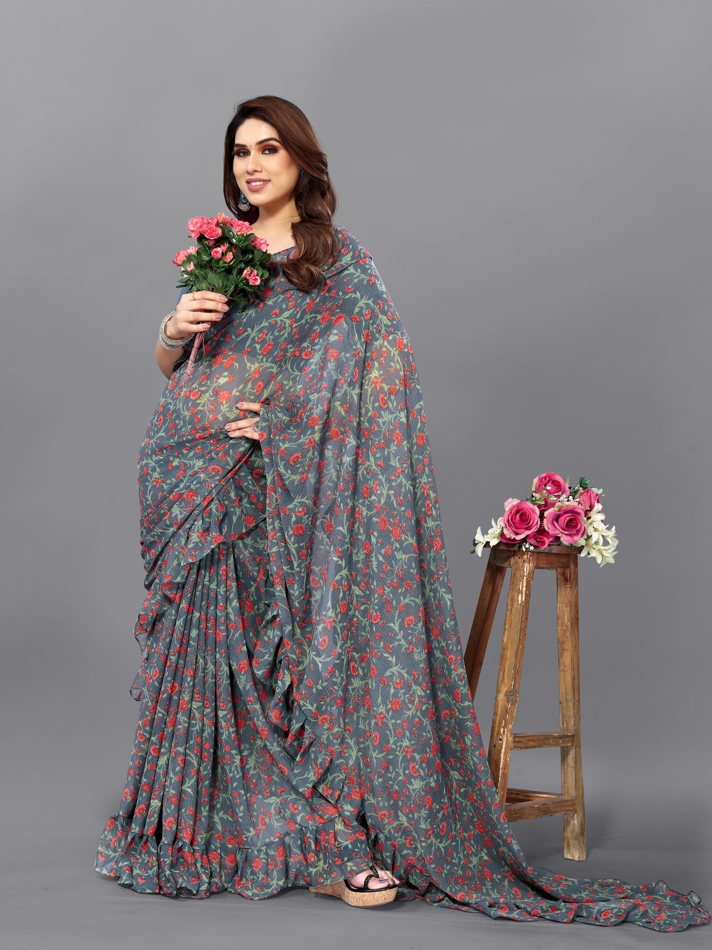 Multi Georgette Saree With Printed Ruffle Saree