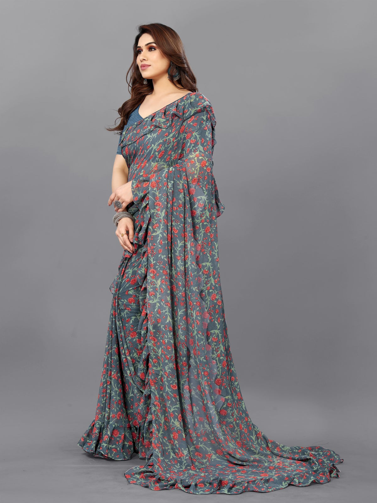 Multi Georgette Saree With Printed Ruffle Saree