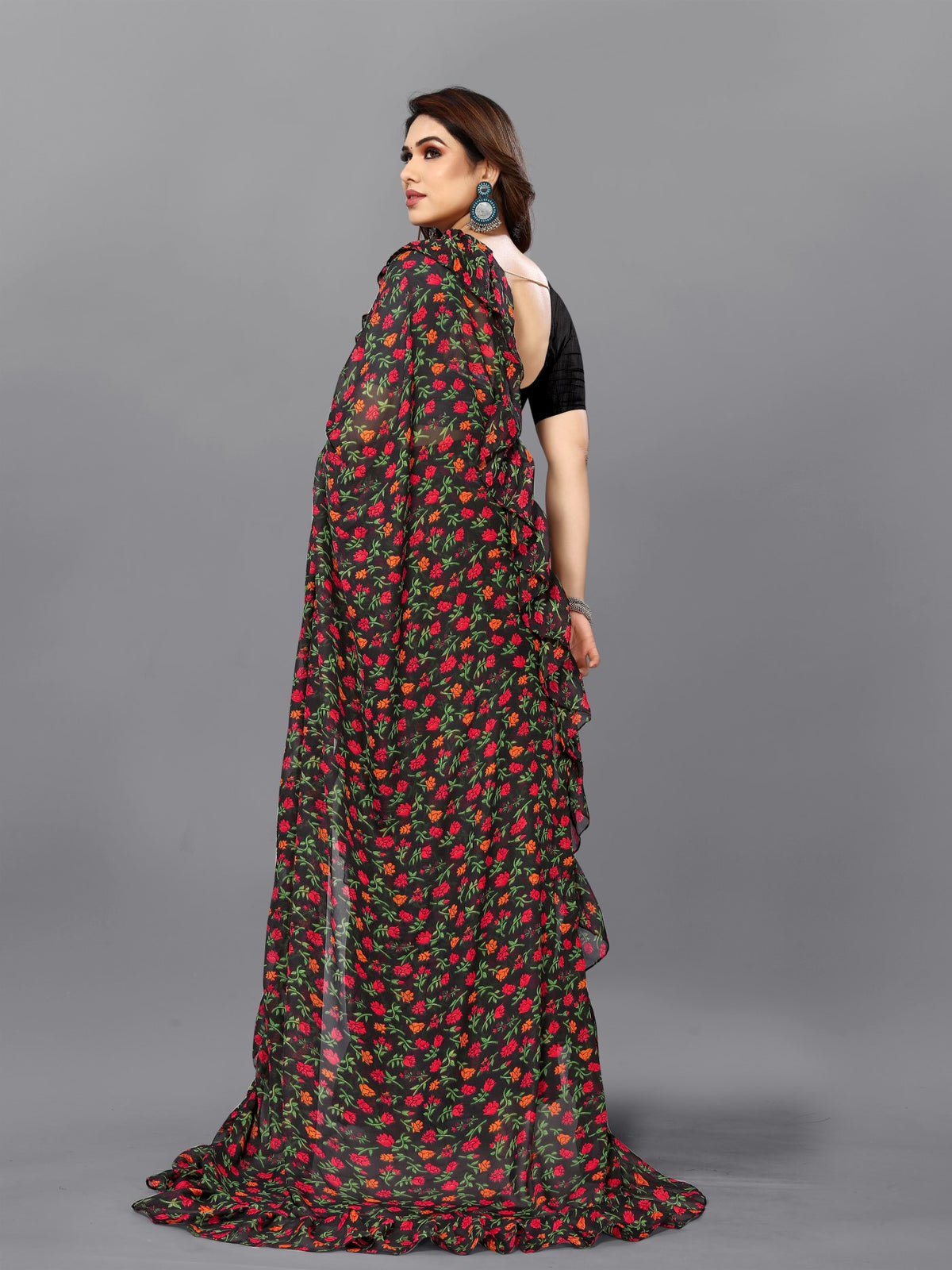 Multi Georgette Saree With Printed Ruffle Saree